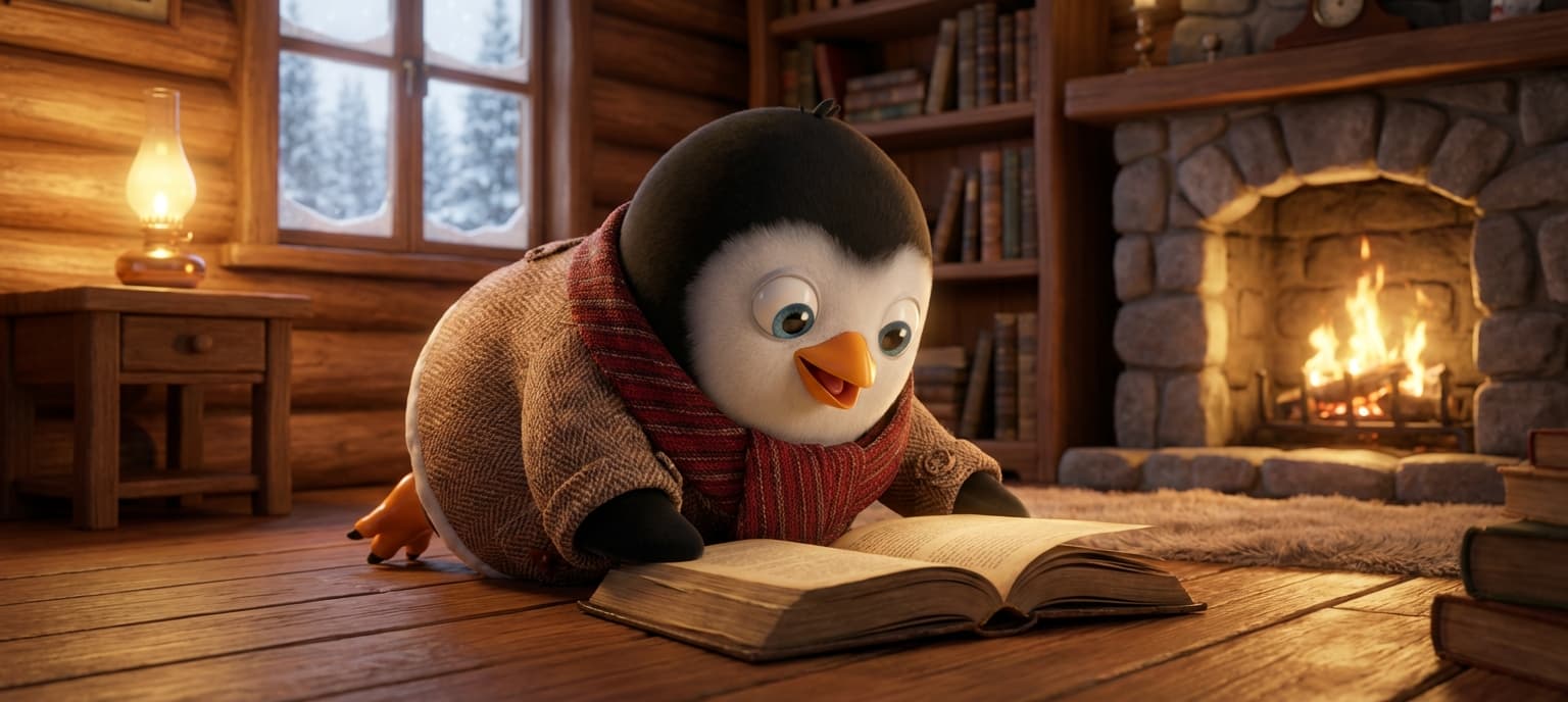 Dora reading a book by the fireplace